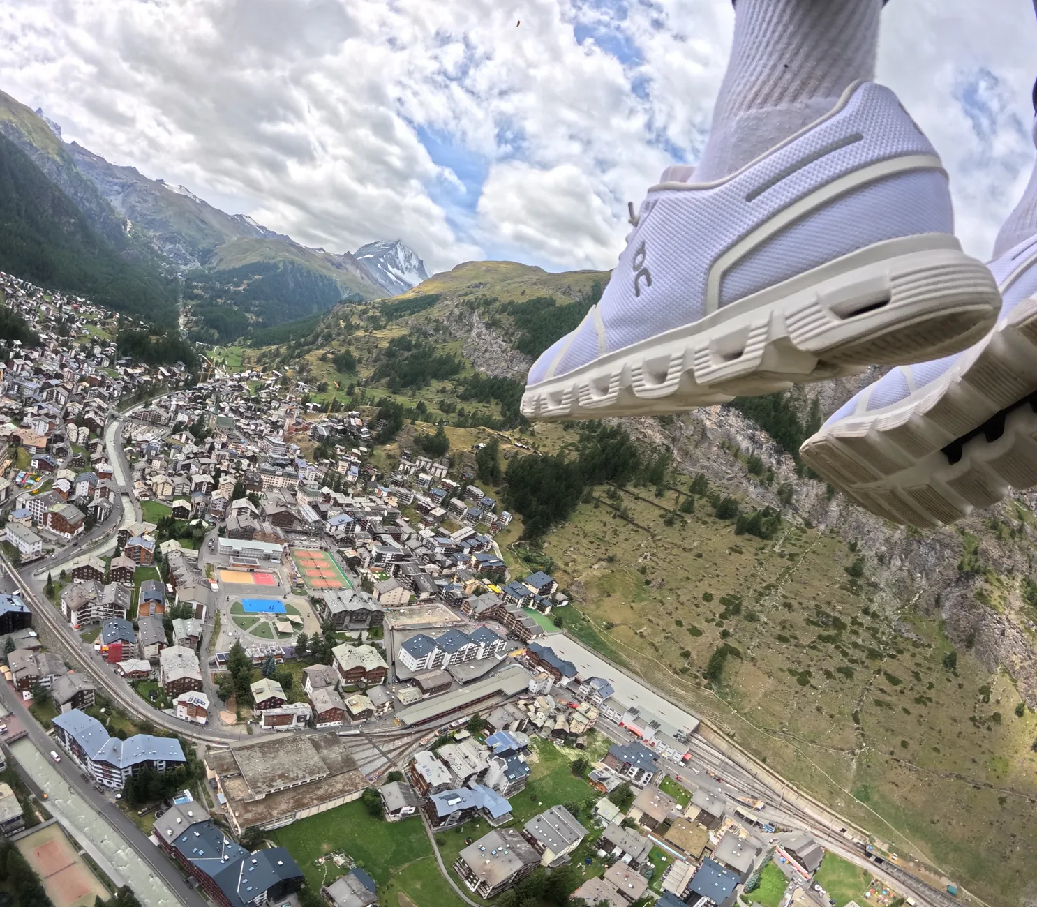 Aerial view of Leukerbad from a tandem paraglider.